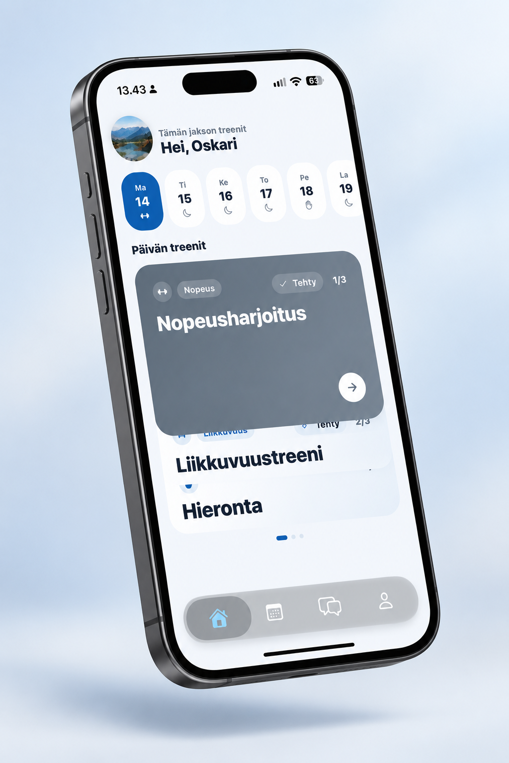 Tracked-sovelluksen päivän harjoitukset puhelimen näytöllä.